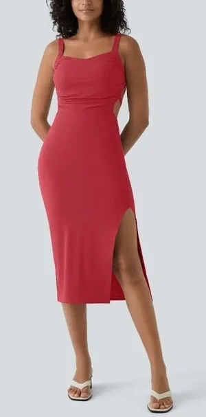 Halara NWT SoftlyZero Ruched Lace Up Bodycon Midi Dress‎ Winterberry w/ Bra S thumbnail 1