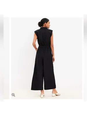 LOFT Black Linen Cap Sleeve Wide Leg Belted Jumpsuit Size XL thumbnail 2