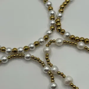 Womens Pearl Gold Bead Stretch Bracelet Set of 4 18k Plated Saphir New thumbnail 5