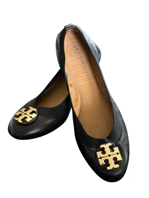 Tory Burch Elastic Ballet Flats Sz 7 Black Leather/Sole Gold Logo Medallion thumbnail 1