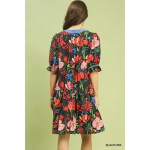Umgee‎ Floral Tiered Puff Sleeve Dress - Black Mix - Small thumbnail 3