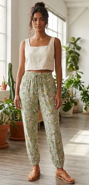 Aerie Floral High Rise Smocked Tie Waist Crinkle Pants Green Medium thumbnail 1