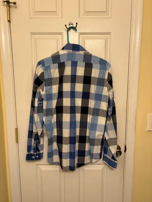Express Men's Business Blue & White Checkered Plaid Button Down Dress Shirt thumbnail 2