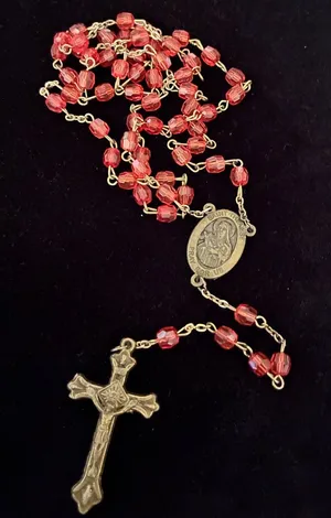 St. Theresa Pray For Us Religious Rosary-Vintage-Red Lucite Beads thumbnail 1