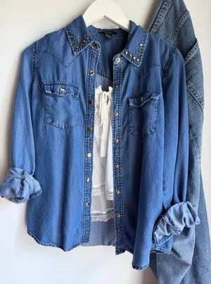 Western Snap Tencel Lyocell Front Chambray Shirt Studded Collar Small thumbnail 1