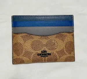 NWOT Coach Canvas Leather Card Case Wallet with signature logo brown blue thumbnail 1