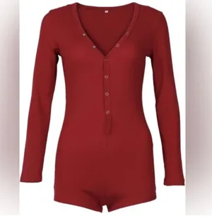 Red Ribbed Henley Lounge Romper thumbnail 3