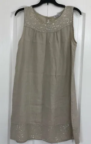 Source Unknown Blu Orchid womens sleeveless sequin Italy linen dress tan small thumbnail 1