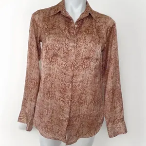 NEW a new day Animal print satin blouse top SMALL brown tan long sleeves buttons thumbnail 2