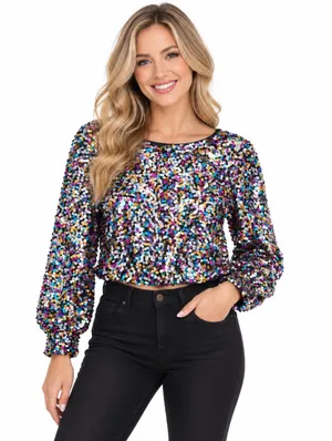 Women Sequin Cropped Top Blouse Size Small Multi Colored Party Christmas Holiday thumbnail 1