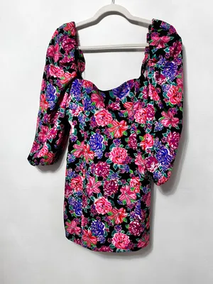 floral print sweetheart neckline Puffsleeve longsleeve mini dress thumbnail 2