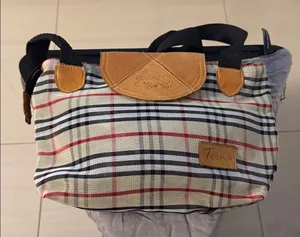 Plaid Canvas Tote Bag with Tan Leather Trim thumbnail 1
