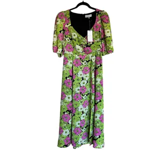 NWT WAYF X Nordstrom FLORAL PUFF SLEEVE MIDI DRESS Green Multi Small thumbnail 4