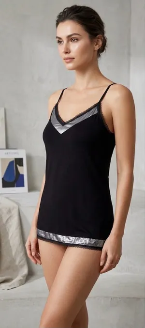Victoria's Secret Black Lace Trim Cami Tank Top Silver Shimmer Metallic Hem L thumbnail 1