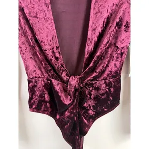 Tobi Burgundy Crushed Velvet Plunge‎ V-Neck Tie Front Bodysuit Whimsigoth Small thumbnail 2