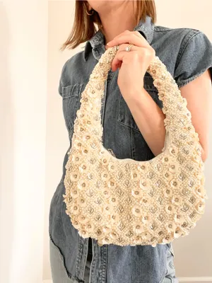 Embellished Cream Floral Beaded Shoulder Bag thumbnail 2