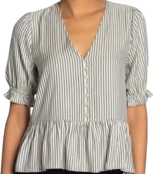 Madewell Courtyard Ruffle-Hem Blouse Top Striped V Neck Button Black White M thumbnail 1