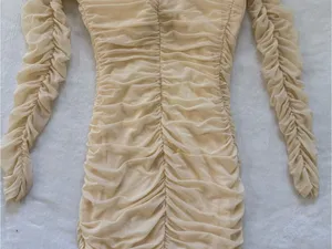 Privy Off-Shoulder Ruched Bodycon Mini Dress in Nude thumbnail 6