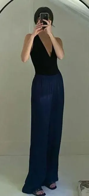 & Other Stories Leopard Print Jacquard Satin Wide Leg Pants NWT Navy Size 6 $79 thumbnail 2