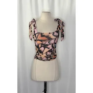FREE PEOPLE‎ Avenue Tank Top Tie Shoulders Scoop Neck Pink Combo Retro Medium thumbnail 2