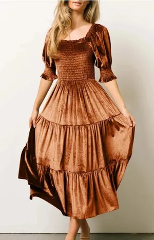 Burnt Orange Copper Velvet Maxi Dress Tiered Smocked Holiday Party Christmas M thumbnail 1