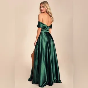 NEW Lulus Greatest Hits Forest Green Satin Off-the-Shoulder Maxi Dress Size XS thumbnail 6
