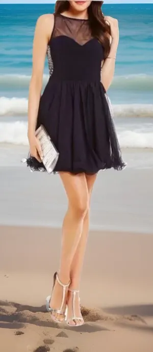 Blondie Nites black short Illusion Yoke Pearl Embellished Back Swing‎ dress- 11 thumbnail 1