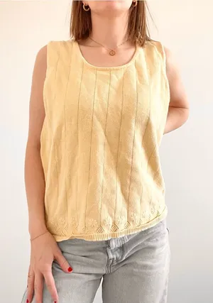 Vintage Butter Yellow Embroidered Flower Sleeveless Knit Top thumbnail 1