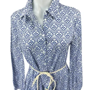 Zara Blue White Long Sleeve Floral Tie Waist Button Down A Line Mini Dress M thumbnail 3