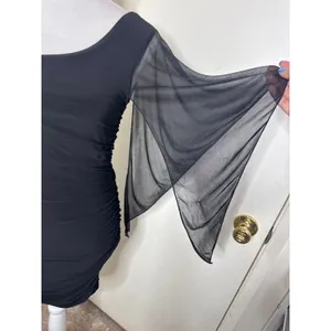 VTG Y2K Deb Black One-Shoulder Ruched Mini Dress -Rhinestone Strap& Sheer Sleeve thumbnail 2