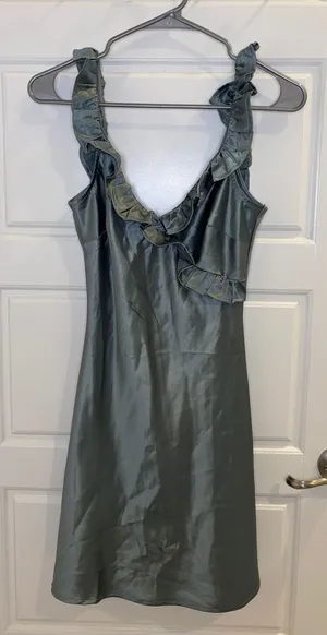 NWT Nasty Gal Sage Green Satin Ruffle Mini Dress Size 4 thumbnail 1