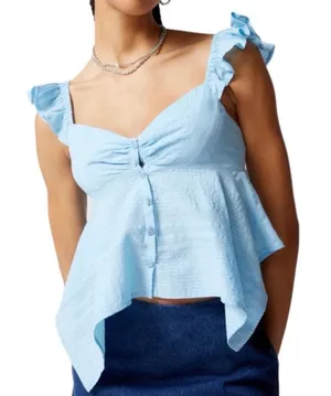 Urban Outfitters Blue Textured Babydoll Cami Ruffle Shirt Blouse Lightweight M thumbnail 1