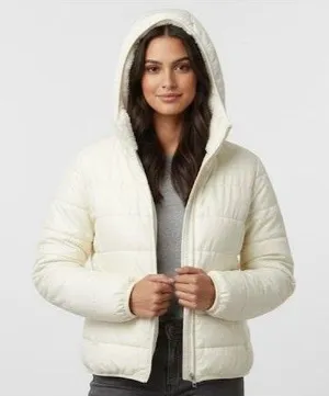 Ci Sono Puffer Jacket Ivory Sherpa Lined Hooded Quilted Winter Coat Minimalist L thumbnail 1