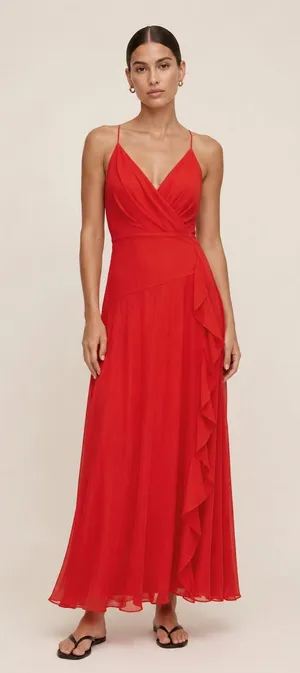 ASTR the Label red chiffon overlay ruffle front maxi dress. Medium thumbnail 1