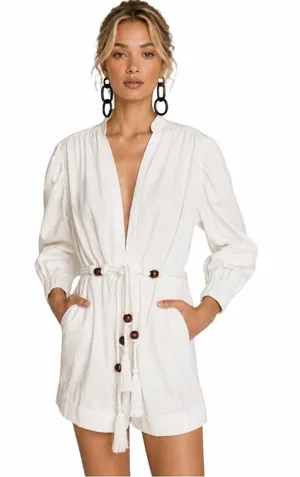 White V-Neck Long Sleeve Romper with Tassel Drawstring XS NWT thumbnail 1