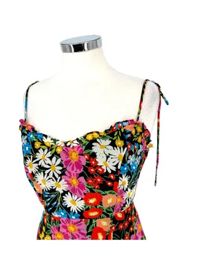 Sugarlips Lupita Floral Tie Strap Ruffle Mini Dress Black Multicolor Size Medium thumbnail 3
