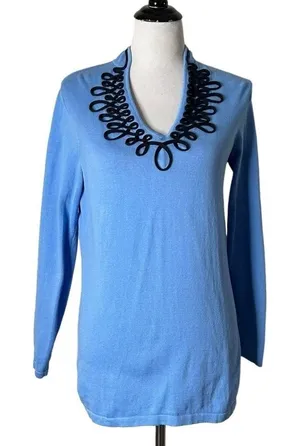 Vineyard Vines Blue Embroidered Scroll Neck Sweater Cotton Pullover Preppy M thumbnail 1