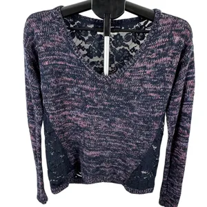 Abercrombie & Fitch Lace Back Sweater Medium Marled Pink‎ Navy V Neck thumbnail 1
