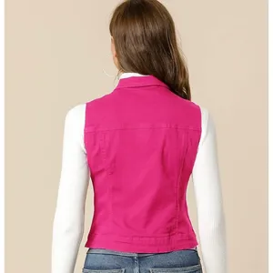 NWT Allegra K Fuchsia Denim Vest Button Front Flap Pocket Slim‎ XS thumbnail 3