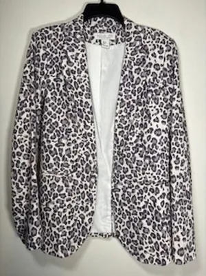 RACHEL ZOE Blazer‎ Large Grey Leopard Print Linen Blend Open Front Chic Career thumbnail 1