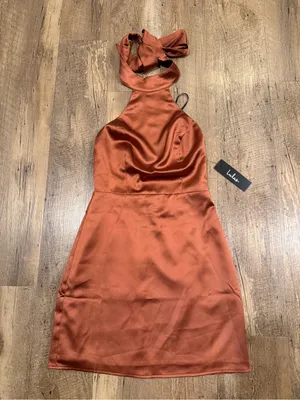 Lulu’s Celebrate Me Rust Brown Satin Halter Mini Dress XS thumbnail 2