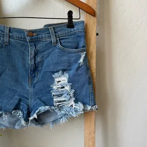 Vibrant Distressed High Rise Frayed Hem Jean Denim Shorts thumbnail 2