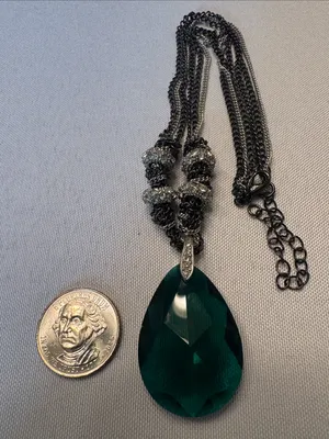 Gunmetal Chain Necklace with Emerald Teardrop Pendant thumbnail 2