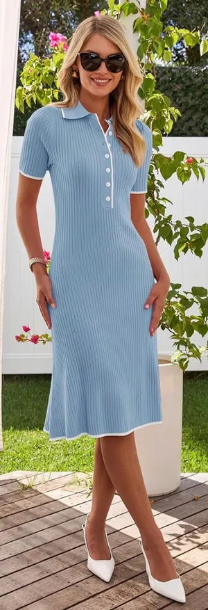 Merokeety Women's V Neck Ribbed Knit Midi Dress Short Sleeve Button Elegant Bodycon Sweater Dress thumbnail 1