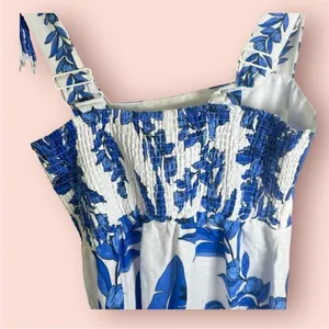 Calypso St Barth Linen Blend Smocked Back‎ Midi Dress Blue White Tropical Size S thumbnail 8