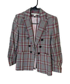 Veronica Beard Red Plaid‎ Double Breasted Blazer Jacket Size 0 Ruched Sleeve USA thumbnail 1