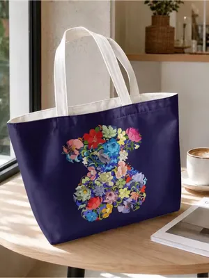 Floral Bear Navy Tote Bag with Wrist Pouch thumbnail 2
