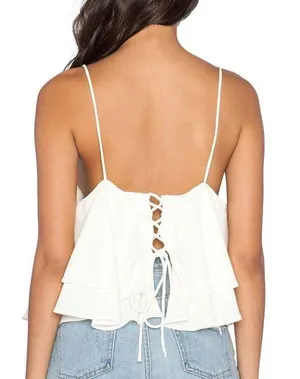 Free People Tropical Wave Cream Lace Back Crop Tank Top - M thumbnail 1