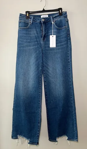 Risen Jeans High Rise Wide Leg Distressed Hem Blue Denim Jeans thumbnail 1