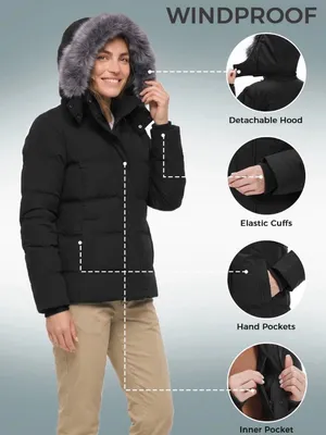 Women's Winter Puffer Jacket with Faux Fur Hood – Black, Size Large thumbnail 5